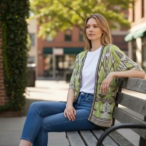 Chico's Sz 0/Small Beaded Lime Taupe Cardigan